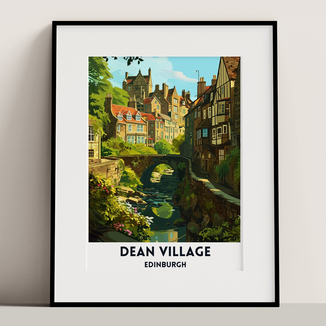 Dean Village Edinburgh Stone Bridge Riverbank Scotland Travel Poster