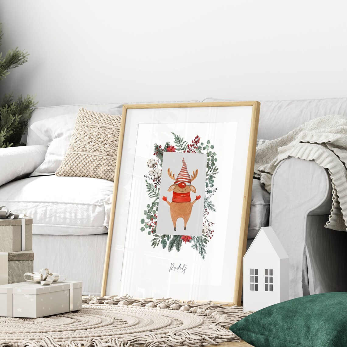 Rudolf Cute Watercolor Reindeer Christmas Festive Holiday Art Print - Image 4