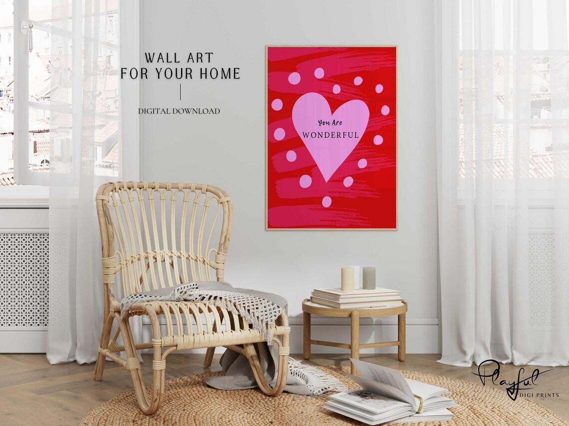 You Are Wonderful Pink Heart Quote Red Valentine Day Wall Art - Image 5
