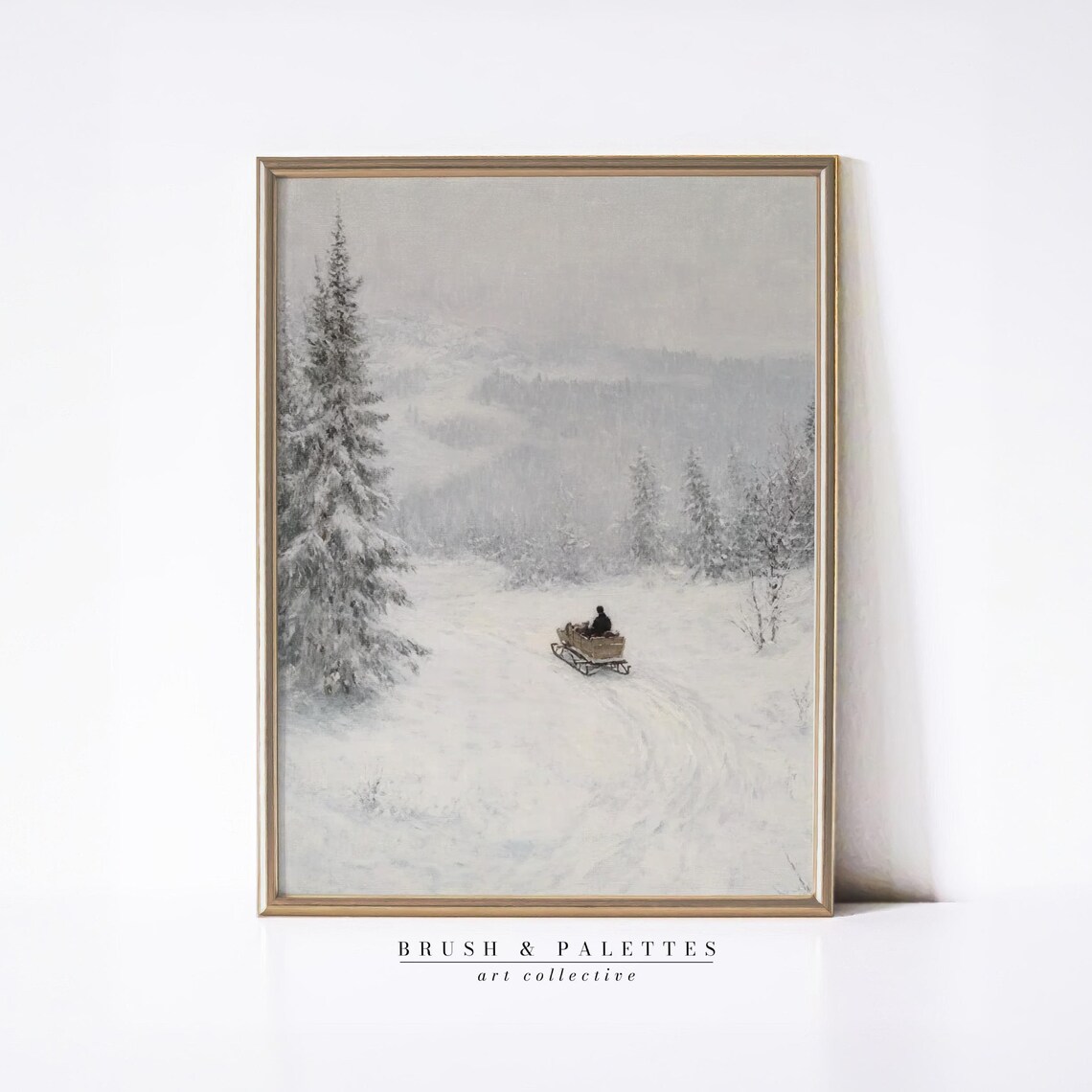 Horse Drawn Sleigh Snowy Forest Magical Winter Scene Painting Print
