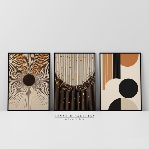 Modern Geometric Print Set Abstract Minimalist Wall Art Black And Gold Midcentury Style Decor For Contemporary Homes