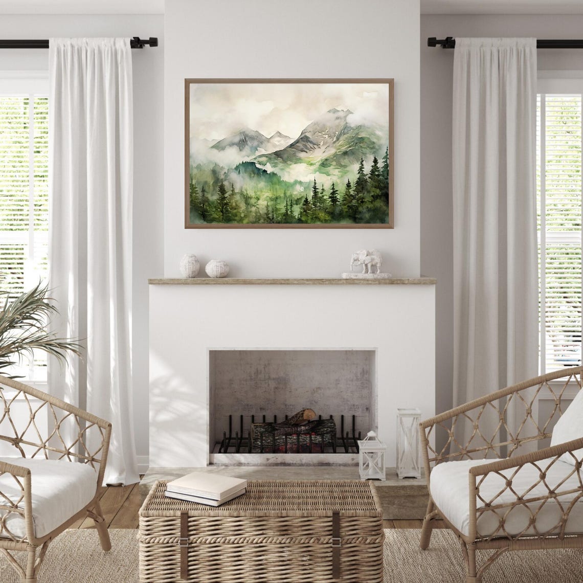 Foggy Mountain Forest Green Mist Watercolor Nature Art Poster - Image 2
