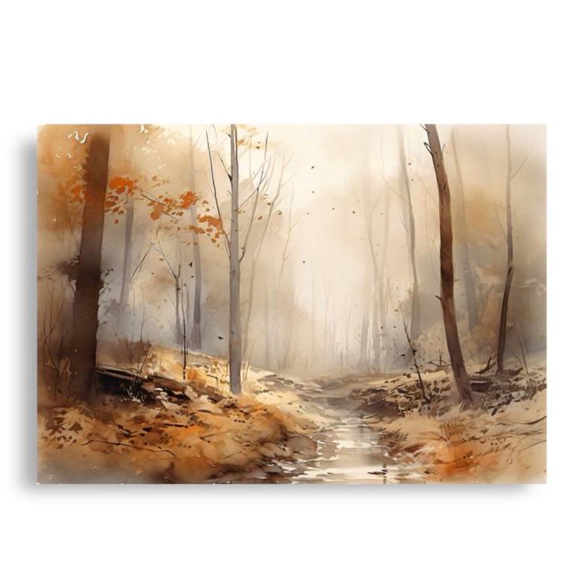 Misty Autumn Forest Path Tall Trees Golden Watercolor Woodland Poster - Image 4
