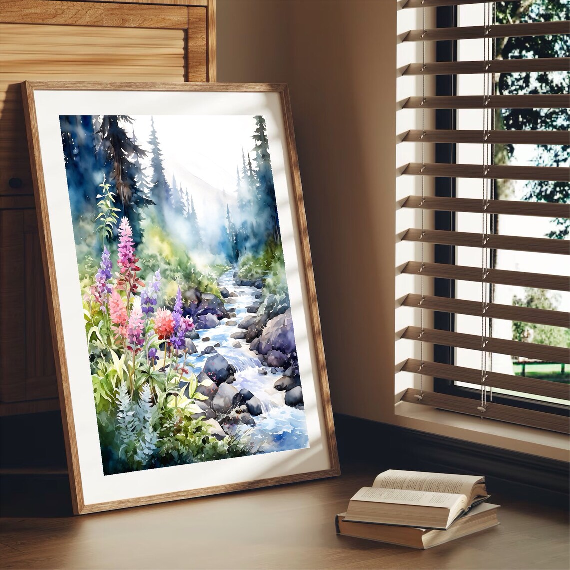 Mountain Stream Wildflowers Pine Forest Watercolor Nature Art Print - Image 3