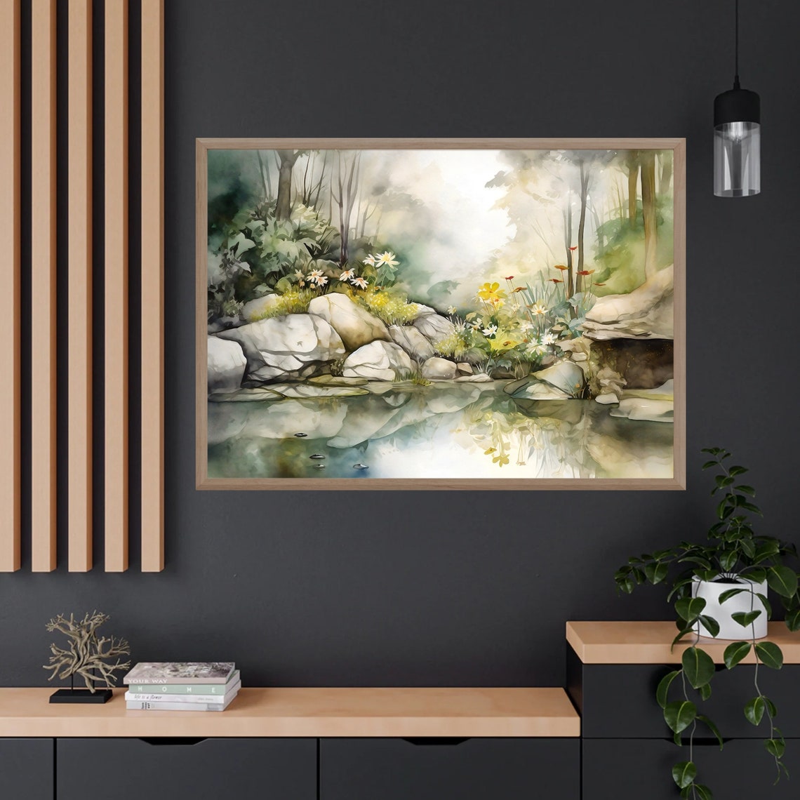 Misty Forest Pond with Daisies and White Rocks Watercolor Poster - Image 4