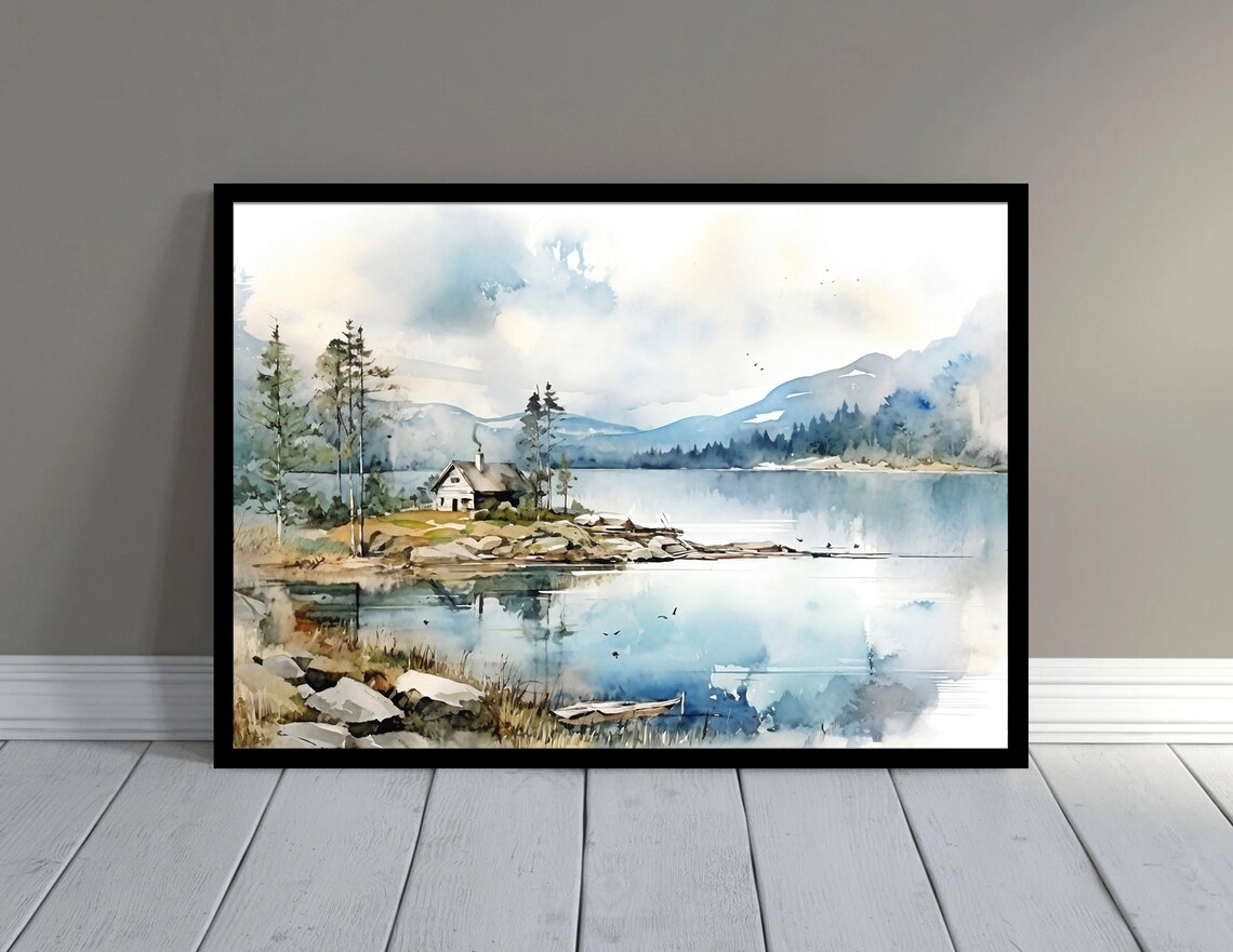 Lake House Watercolor Landscape, Norway Art Print - Image 5