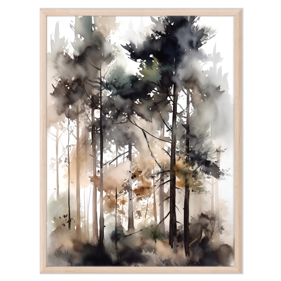 Misty Pine Forest Warm Golden Light Foggy Trunks Watercolor Poster