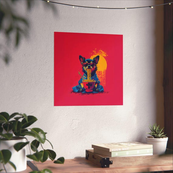 Maximalist Eclectic Ramen Chihuahua Poster Print Bold Altered Animal Portrait Fantasy Fun Colorful Renaissance Rustic Art