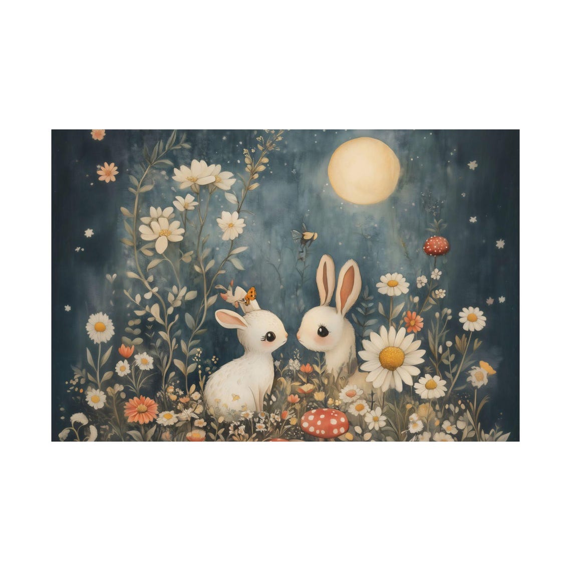 Two White Bunnies Full Moon Daisy Meadow Fantasy Night Poster - Image 3