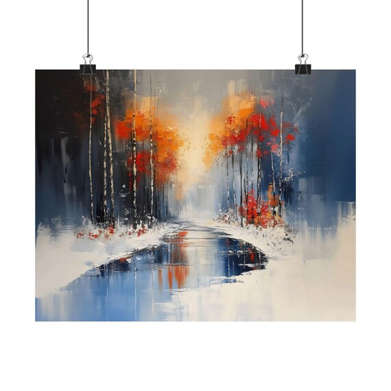 Abstract Winter Forest With Orange Trees Reflected In Icy Blue Lake Wall Art