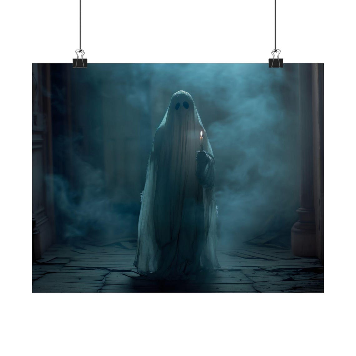 Ghost Holding Candle in Misty Hallway Spooky Halloween Poster
