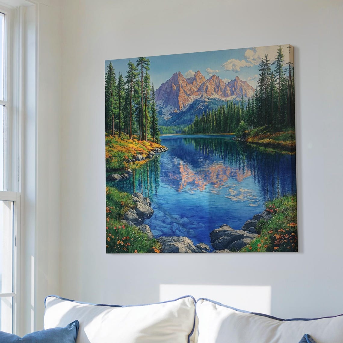 Crystal Clear Mountain Lake Canvas Art Drawing Peaceful Framed Colored Pencil Landscape With Pine Reflections Snowy Peak Scenery
