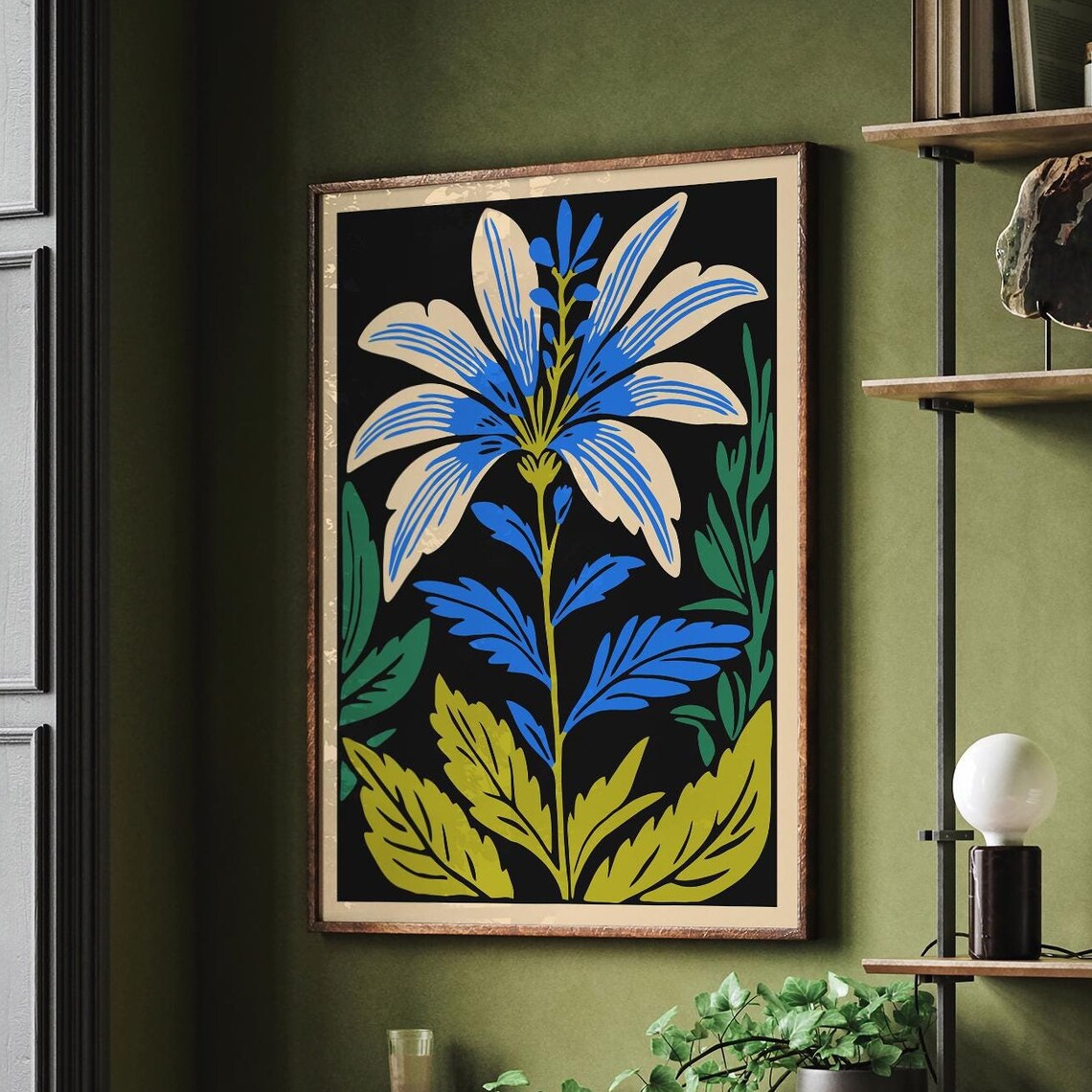 Blue and White Lily Folk Art Flower on Black Background Poster