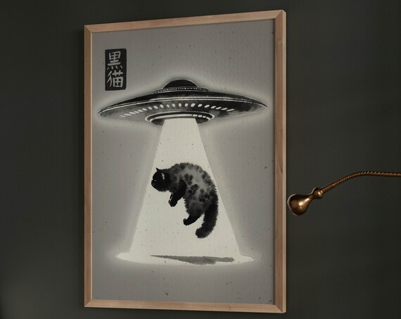Black Cat UFO Abduction Japanese Ink Painting Funny Art Poster