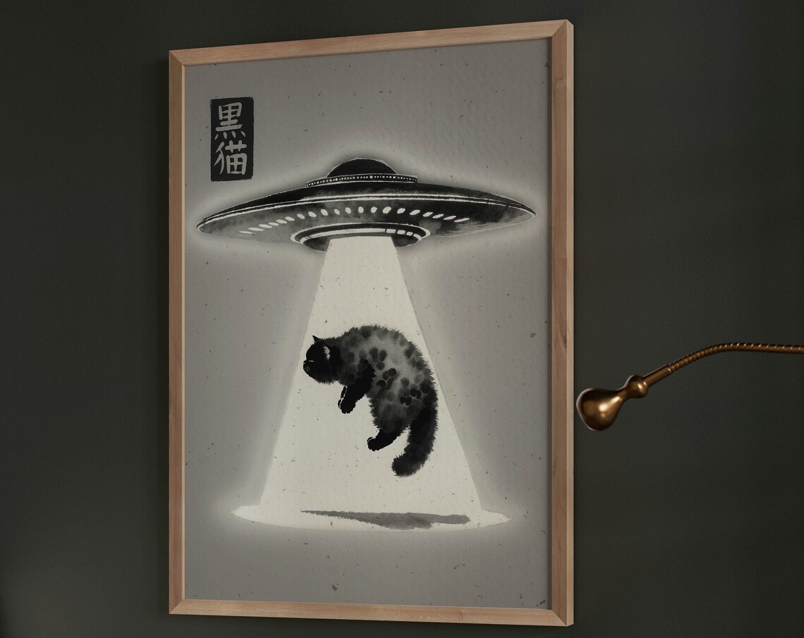 Black Cat UFO Abduction Japanese Ink Painting Funny Art Poster