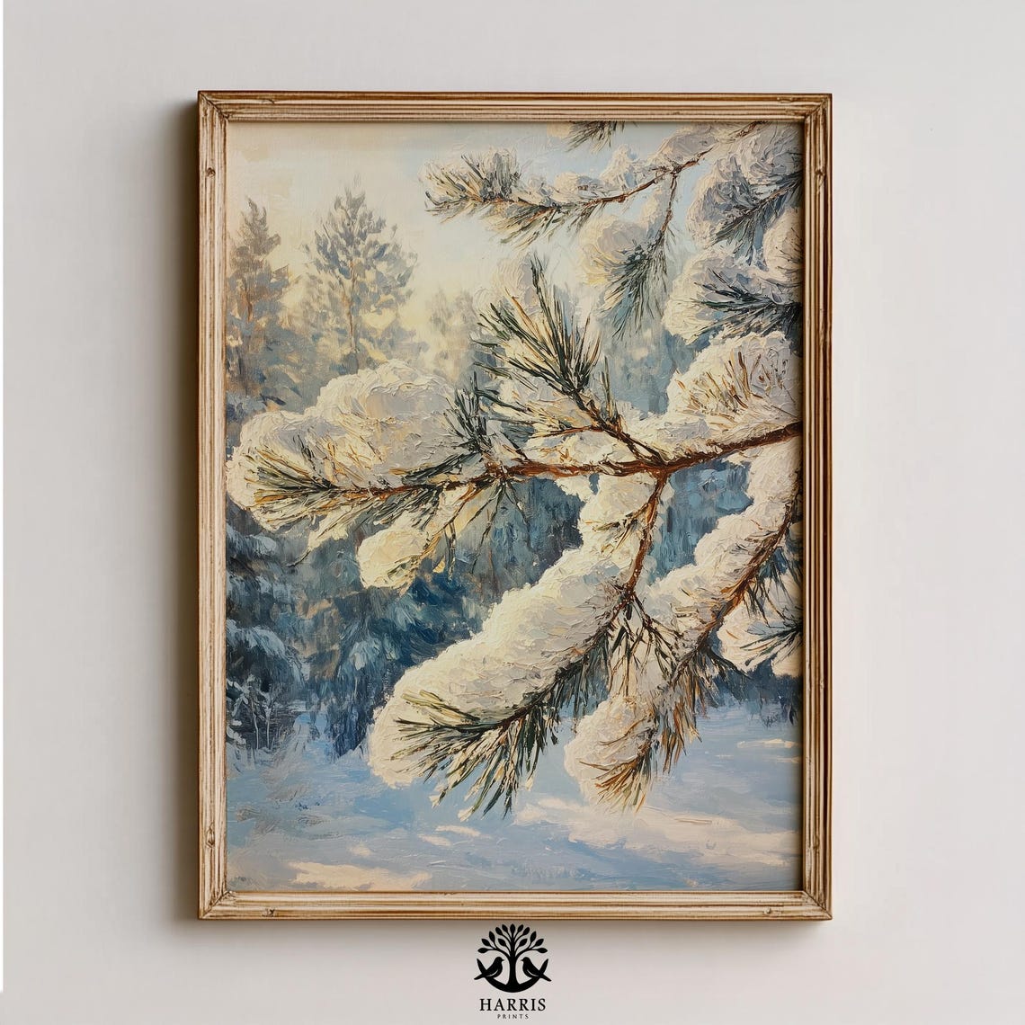 Snow Covered Pine Branch Winter Forest Rustic Painting Wall Art