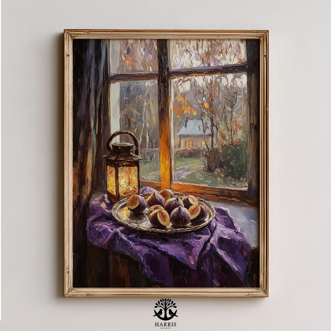 Moody Autumn Still Life Rustic Pewter Tray With Figs And Almonds Painting Vintage Cozy Kitchen Decor Art 313