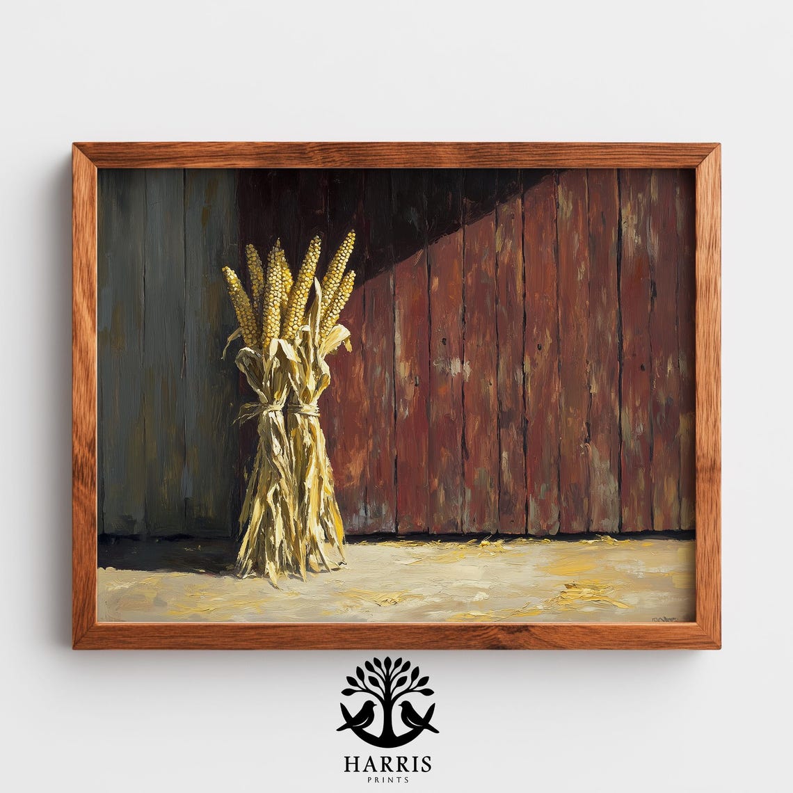 Rustic Autumn Harvest Dried Corn Stalks Still Life Farmhouse Wall Decor Cozy Fall Painting Vintage Art 423
