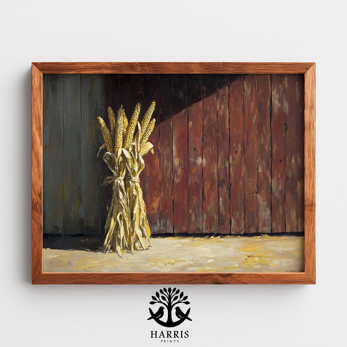 Tied Corn Stalks Golden Ears Against Red Barn Vintage Harvest Wall Art