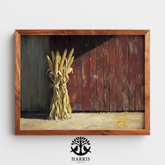Rustic Autumn Harvest Dried Corn Stalks Still Life Farmhouse Wall Decor Cozy Fall Painting Vintage Art 423