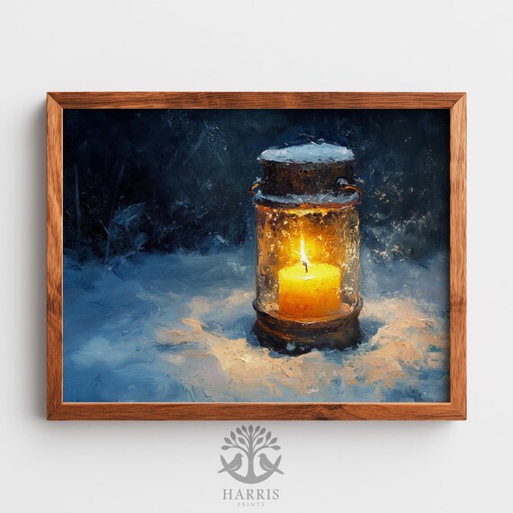 Winter Lantern Candle Glow Painting Cozy Snowy Night Art Print