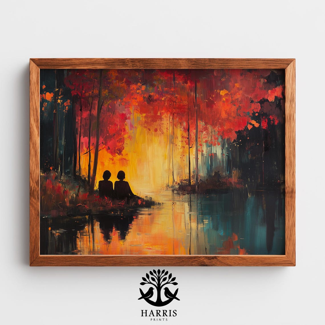 Couple Silhouette Red Autumn Trees Lake Sunset Oil Painting Print