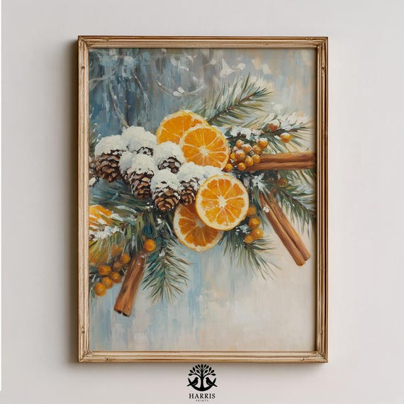 Rustic Winter Pine And Orange Still Life Festive Wall Art Cozy Farmhouse Decor Snowdusted Evergreens 330