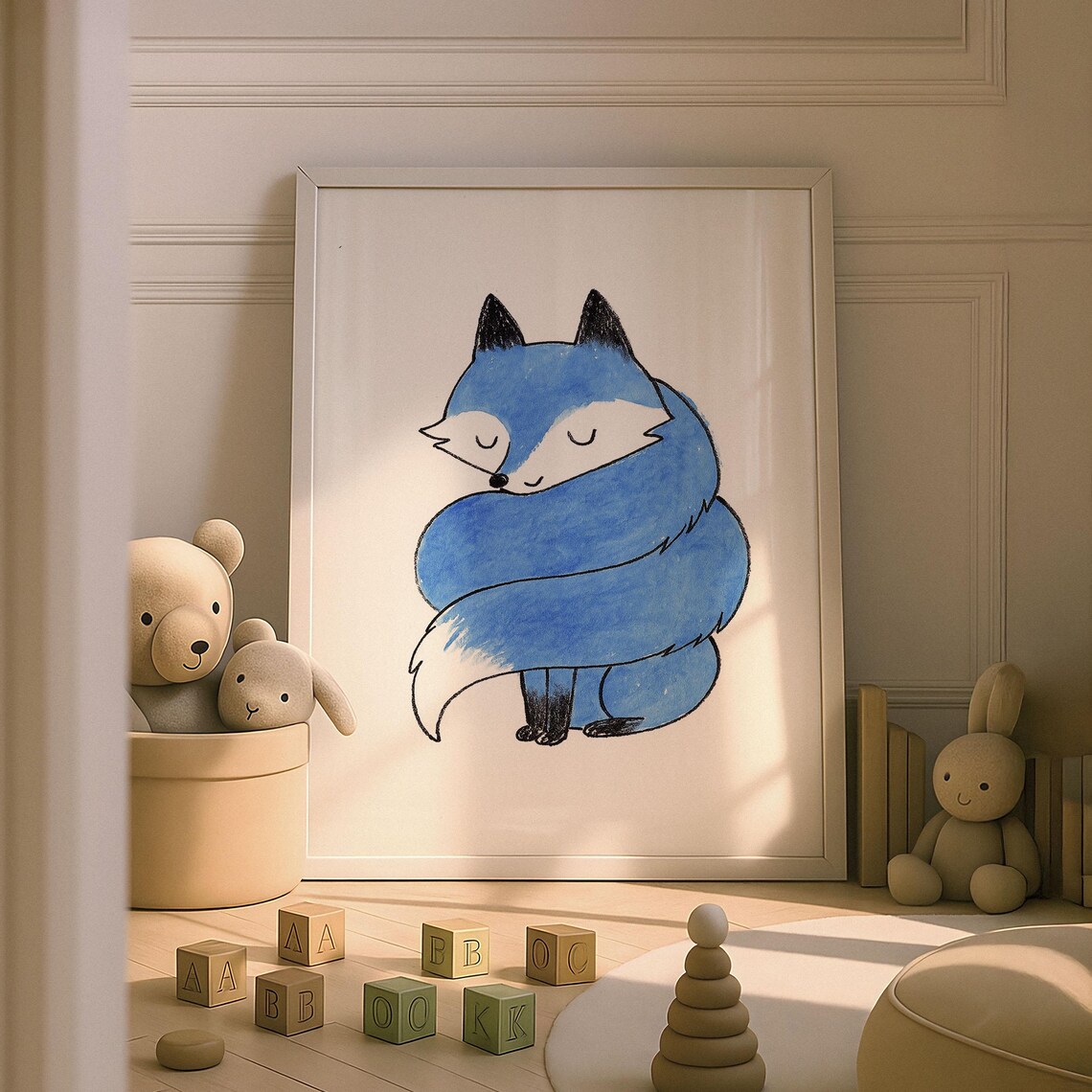 Cute Sleeping Blue Fox Curled Tail Kids Nursery Whimsical Watercolor Poster