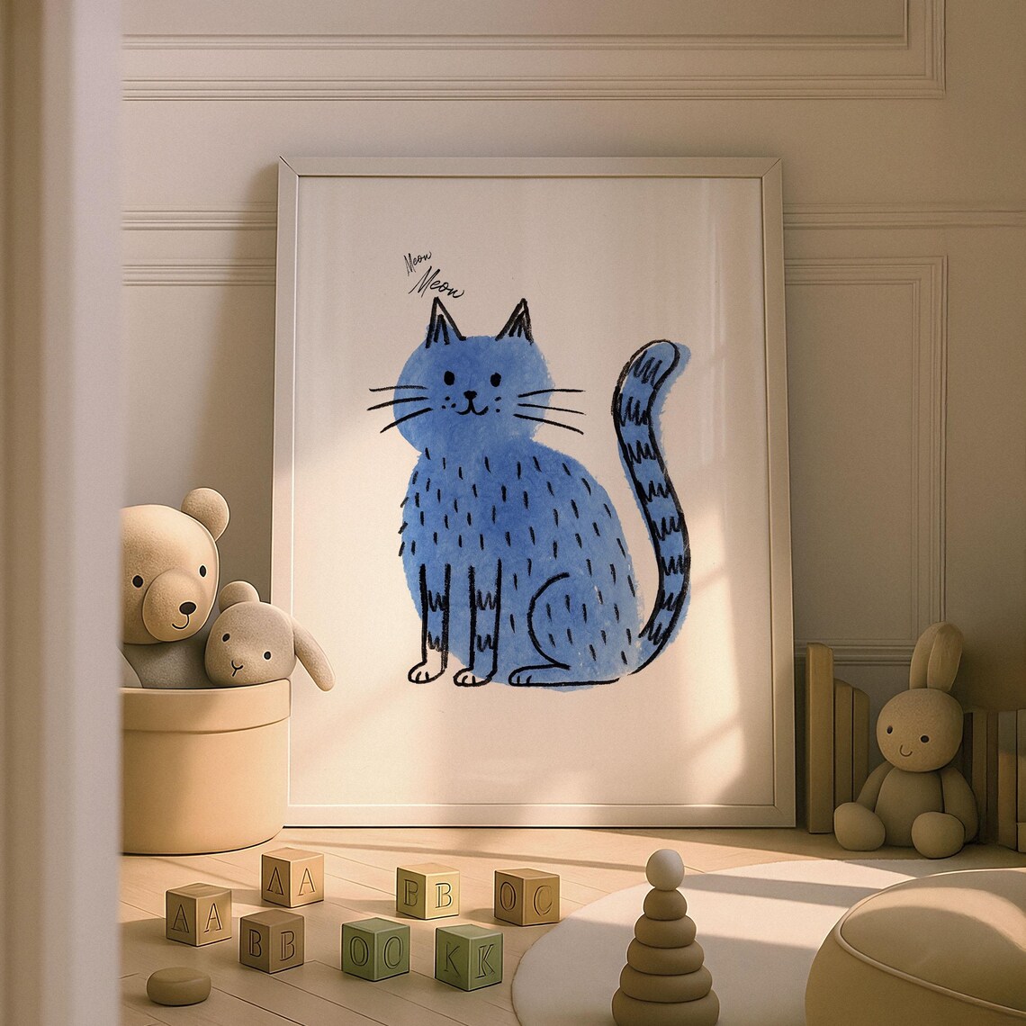 Blue Cat Meow Meow Whimsical Crayon Drawing Kids Nursery Poster