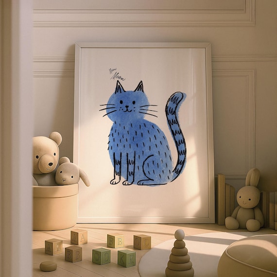 Blue Cat Meow Meow Whimsical Crayon Drawing Kids Nursery Poster