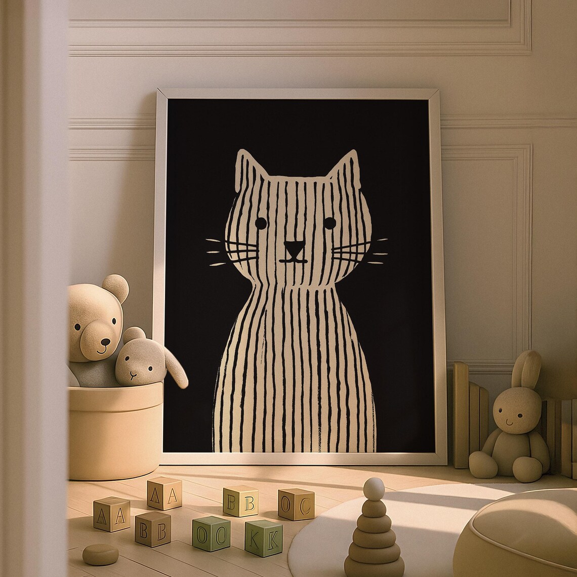 Cute Striped Cat Black Background Modern Minimalist Kids Animal Poster