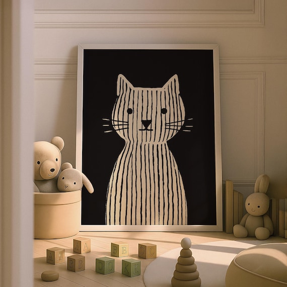 Cute Striped Cat Black Background Modern Minimalist Kids Animal Poster