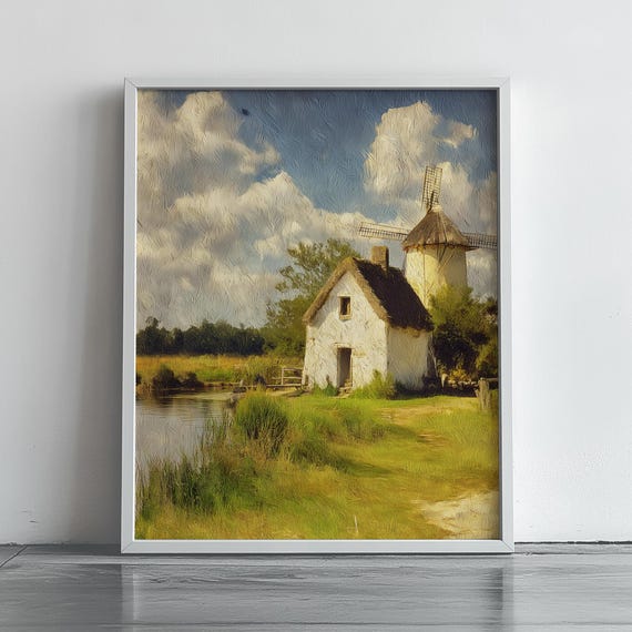 Cottage And Windmill Landscape Art Print Rustic Vintage Wall Monet Style Farmhouse Decor Serene Countryside Scene Painting 108