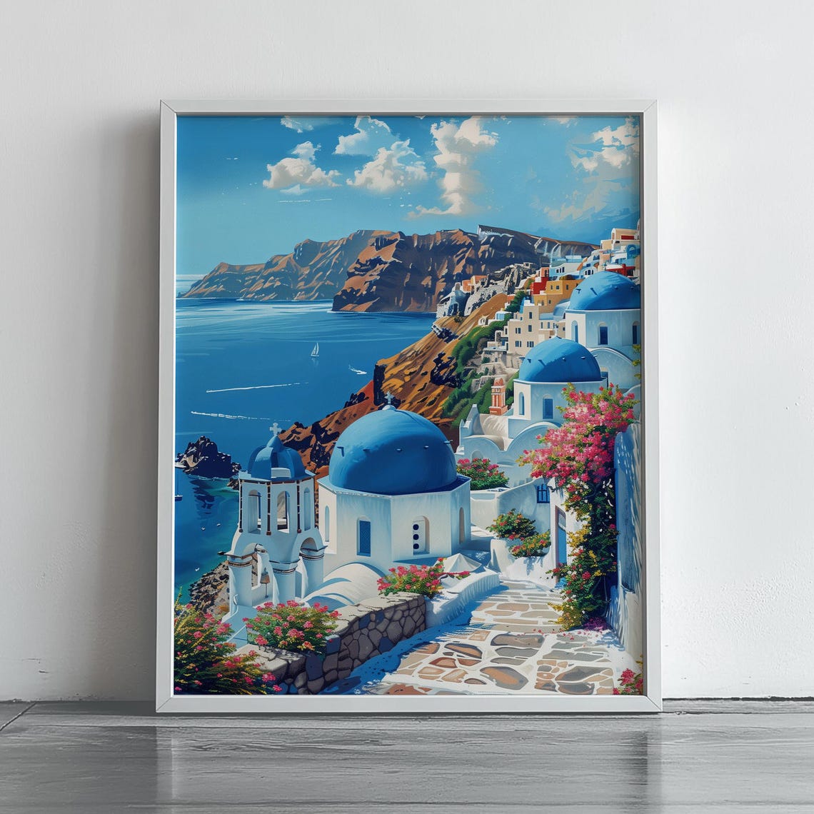 Santorini Greece Blue Dome Churches Aegean Coast Travel Art Poster