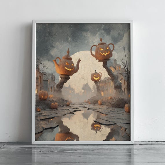 Halloween Giant Teapot Jack-O-Lanterns Poster over Foggy Moonlit Street