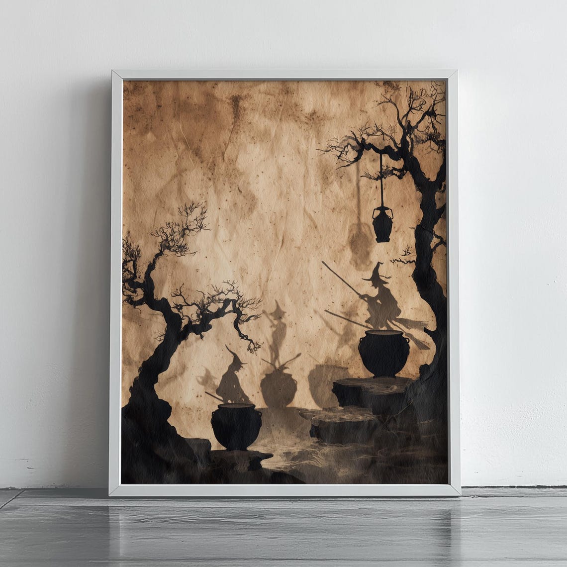 Witches Brew Silhouette Cauldron Shadows Moody Halloween Art Poster