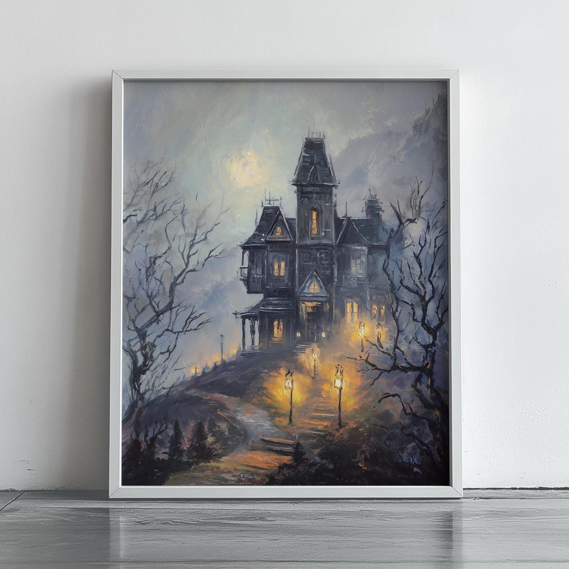 Haunted Victorian Mansion Moonlit Night Gothic Horror Art Poster