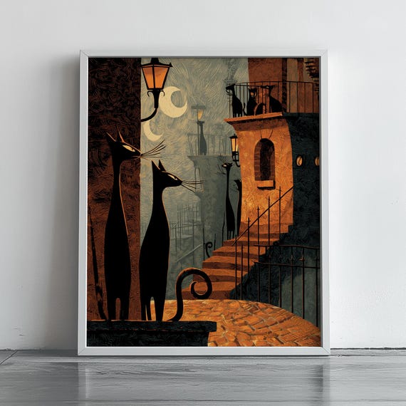 Black Cats on a Moonlit Street Vintage Halloween Night Scene Print