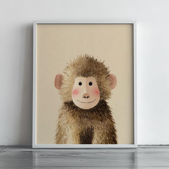 Adorable Baby Baboon Portrait Nursery Wall Art Cute Animal Illustration Childrens Book Style Decor 213