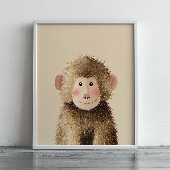 Baby Baboon Portrait Cute Fuzzy Nursery Primate Kids Room Wall Art