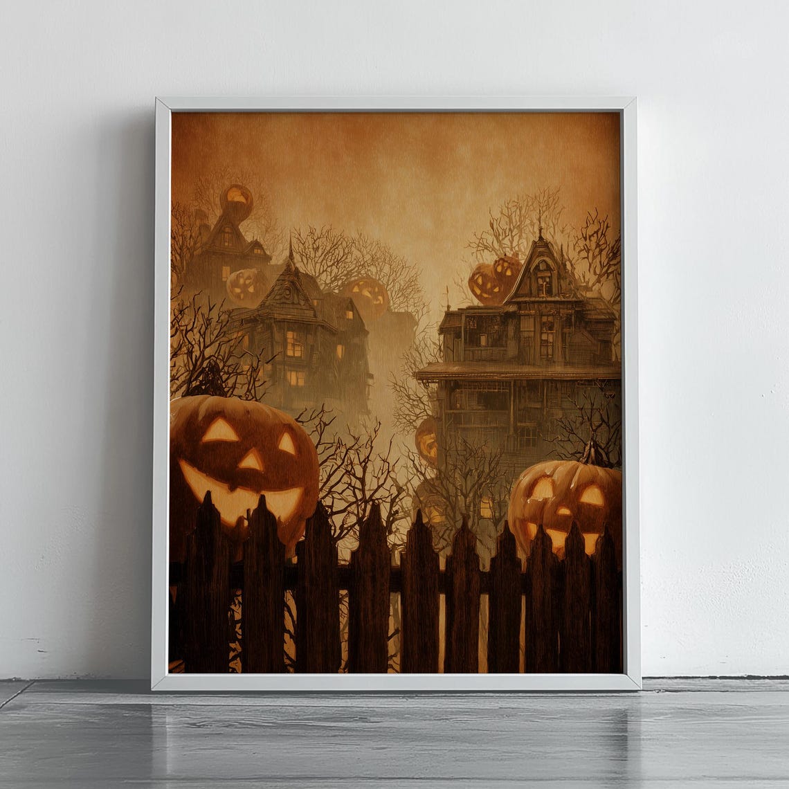 Vintage Halloween Jack O Lanterns Haunted Houses Fog Art Poster