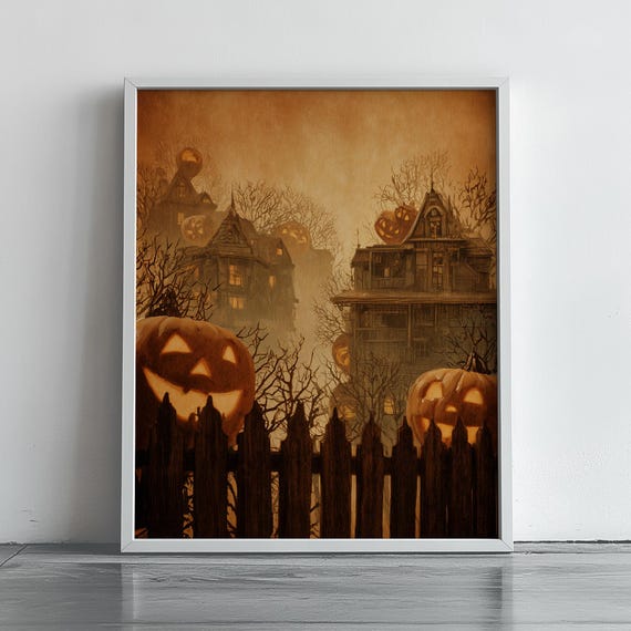 Vintage Halloween Jack O Lanterns Haunted Houses Fog Art Poster