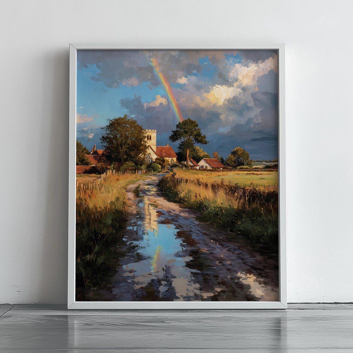 English Countryside Church Rainbow Sunrise Rural Landscape Poster