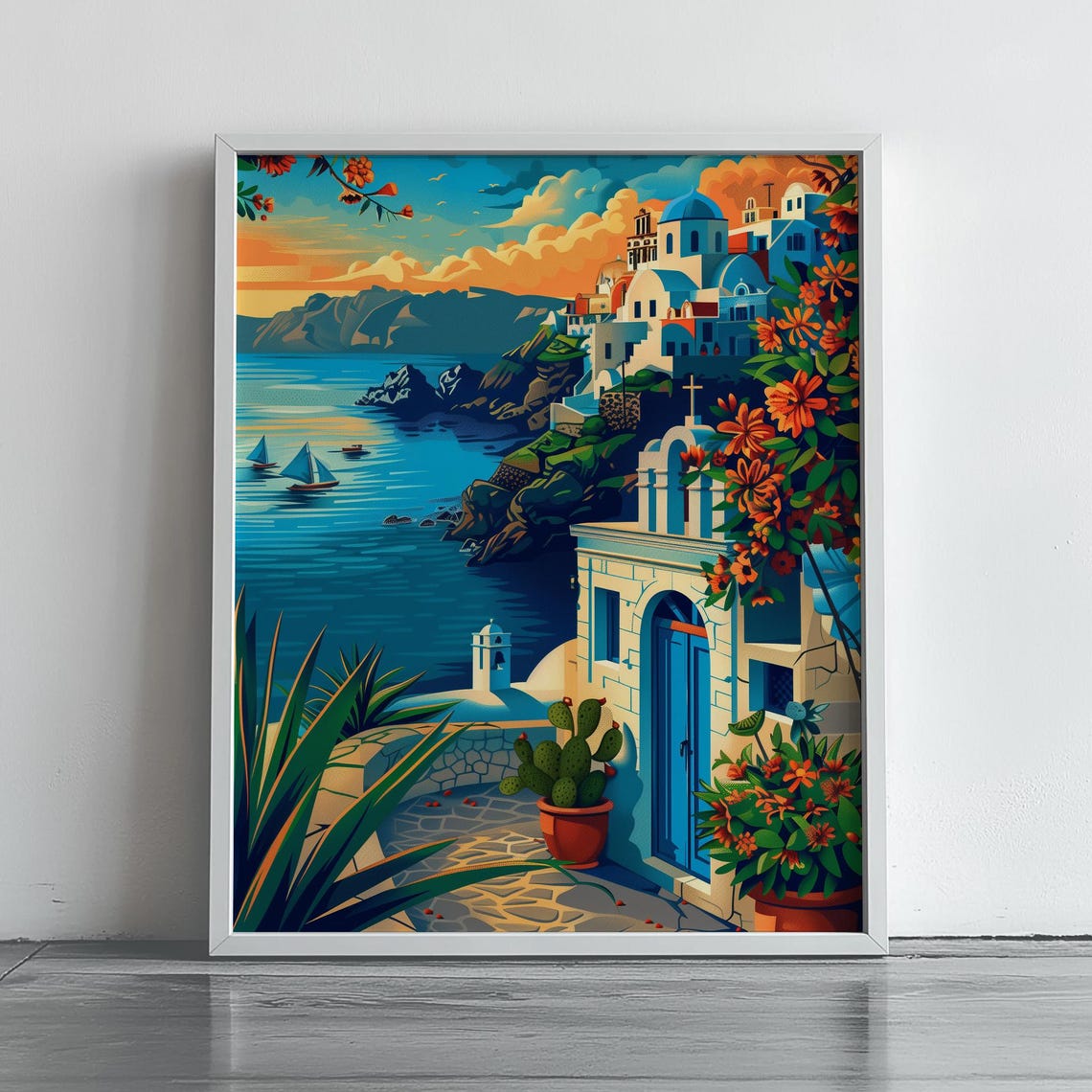 Santorini Greece Whitewashed Island Village Coastal Seascape Poster