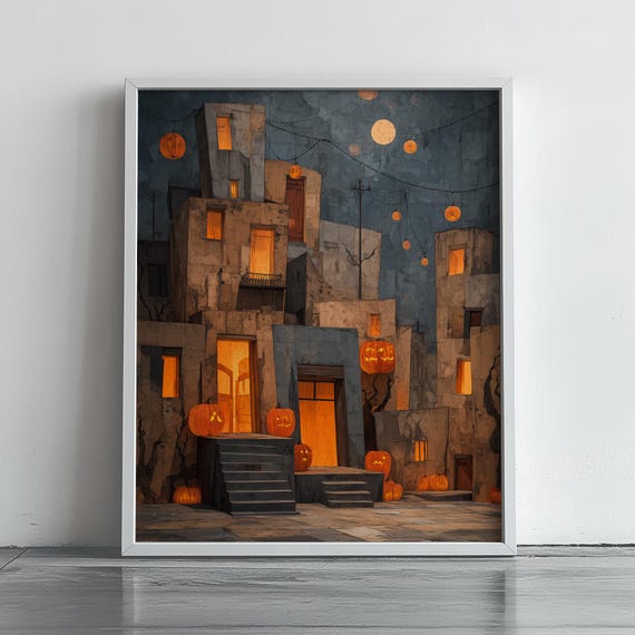 Halloween Town Night Poster Jack O Lanterns Glowing Windows Vintage Style