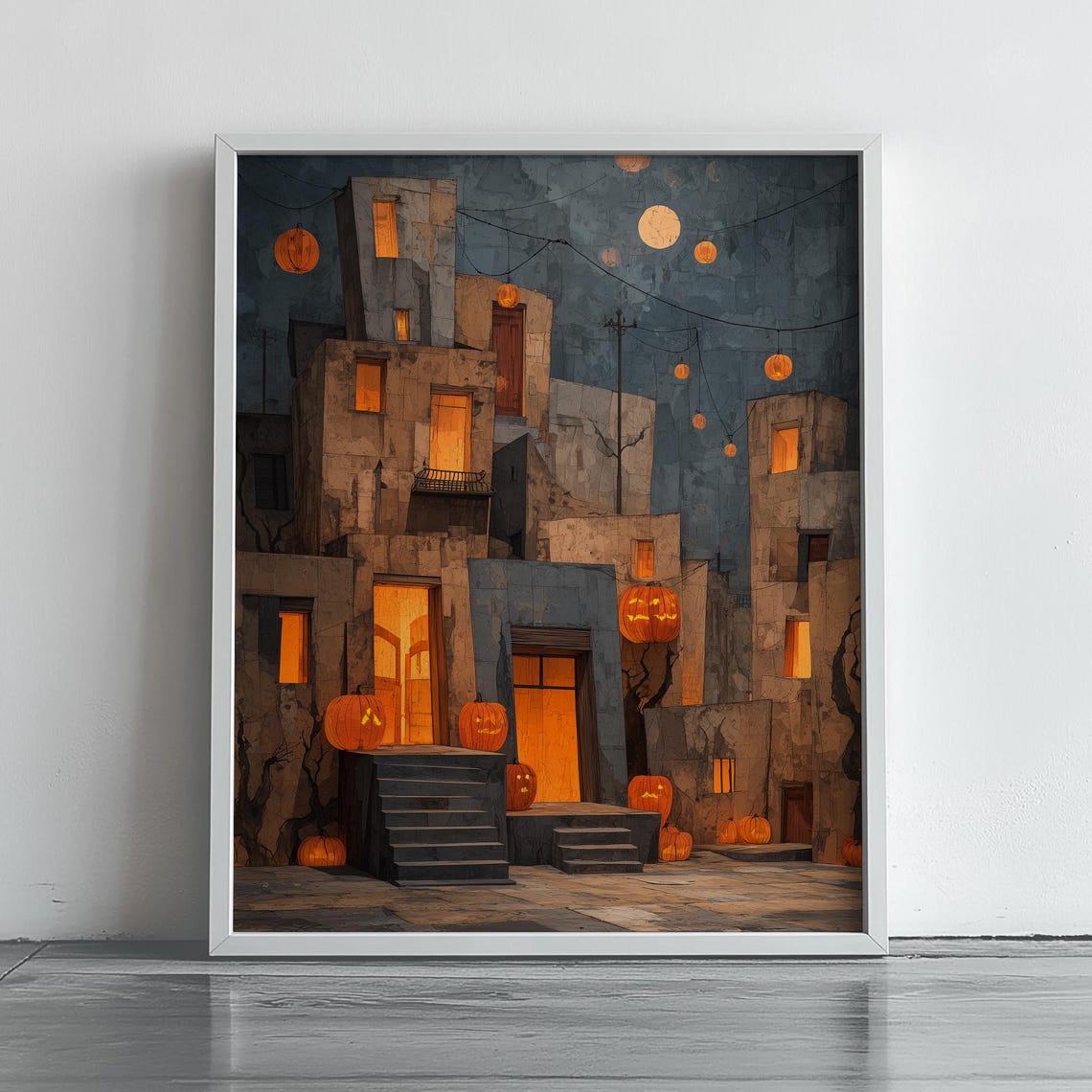 Halloween Town Night Poster Jack O Lanterns Glowing Windows Vintage Style