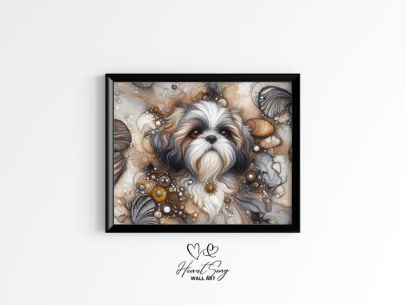 Shih Tzu Dog Painting Rustic Abstract Wall Art In Alcohol Ink Style For Modern Decor Lovers 914