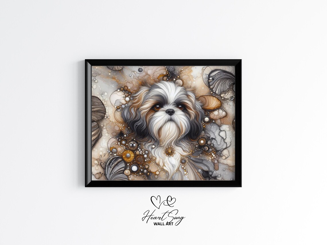 Shih Tzu Dog Portrait in Elegant Neutral Alcohol Ink Decor Poster