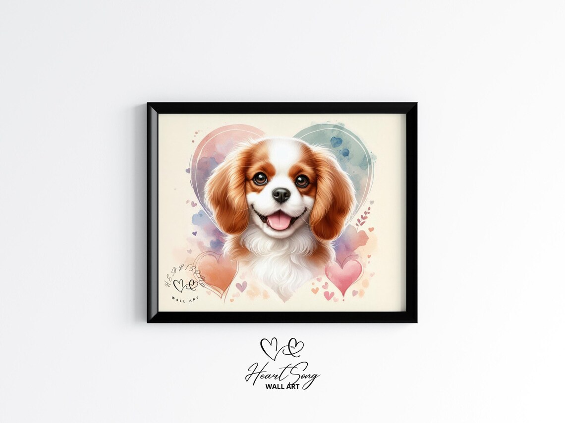 Cavalier Spaniel Puppy Valentine Watercolor Hearts Cute Dog Art Poster