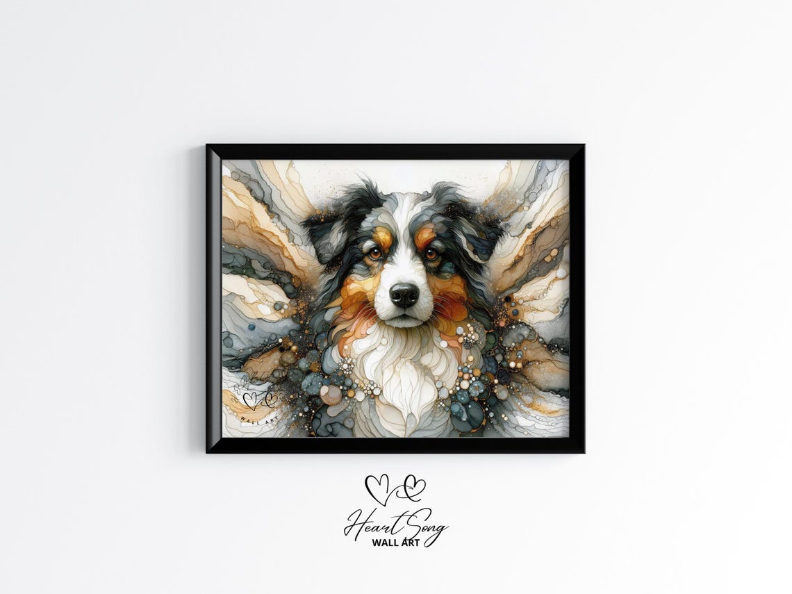 Australian Shepherd Dog Painting Rustic Abstract Wall Art With Rich Alcohol Inkinspired Texture For Modern Decor Lovers 819